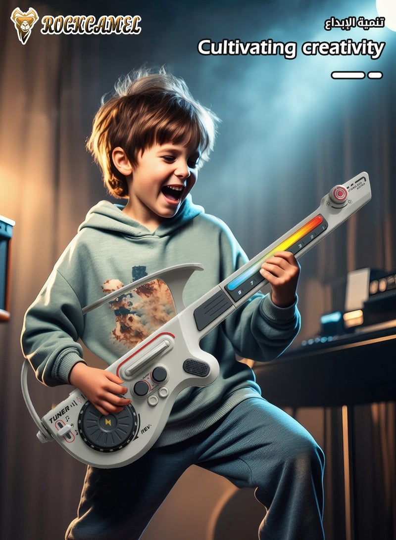 ROCKCAMEL Foldable Electric Guitar Music Toy for Kids, Multifunctional Musical Instrument with Colorful Streamlight Keyboard, Bluetooth Connection, DJ Mixing & 800mAh Rechargeable Battery, Cool Gift for Boys Girls (Grey) - Image 3